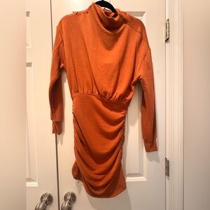 Rust Orange Long Sleeve Ruched Waist Dress